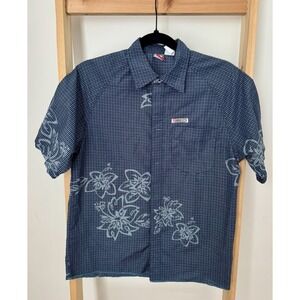 OP Ocean Pacific Shirt Mens Medium Gingham Button Up Short Sleeve Floral VTG B3